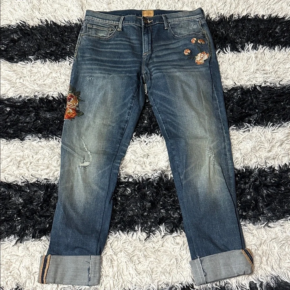 Driftwood “Audrey” Embroidered & Distressed Skinny Jeans, Cuffs, Sz 30